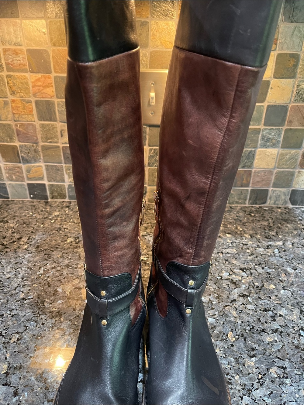 Vince Camuto Flavian Riding Boots Black and Brown Crest Two-Tone 10 - Picture 14 of 16